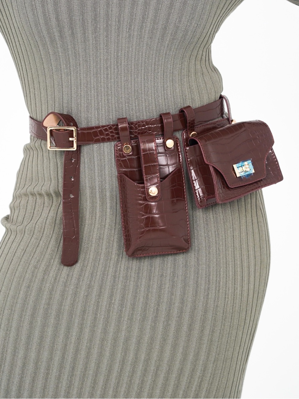 Burgundy Croc-Embossed Leather Belt Bag Set - Women Accessories